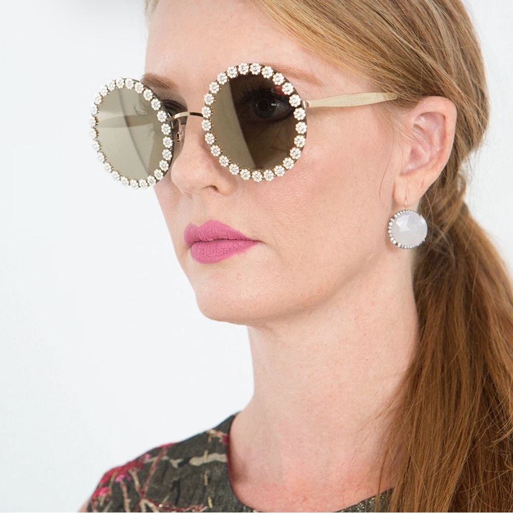 Round Floral-Edge Brown Mirror Sunglasses for Women